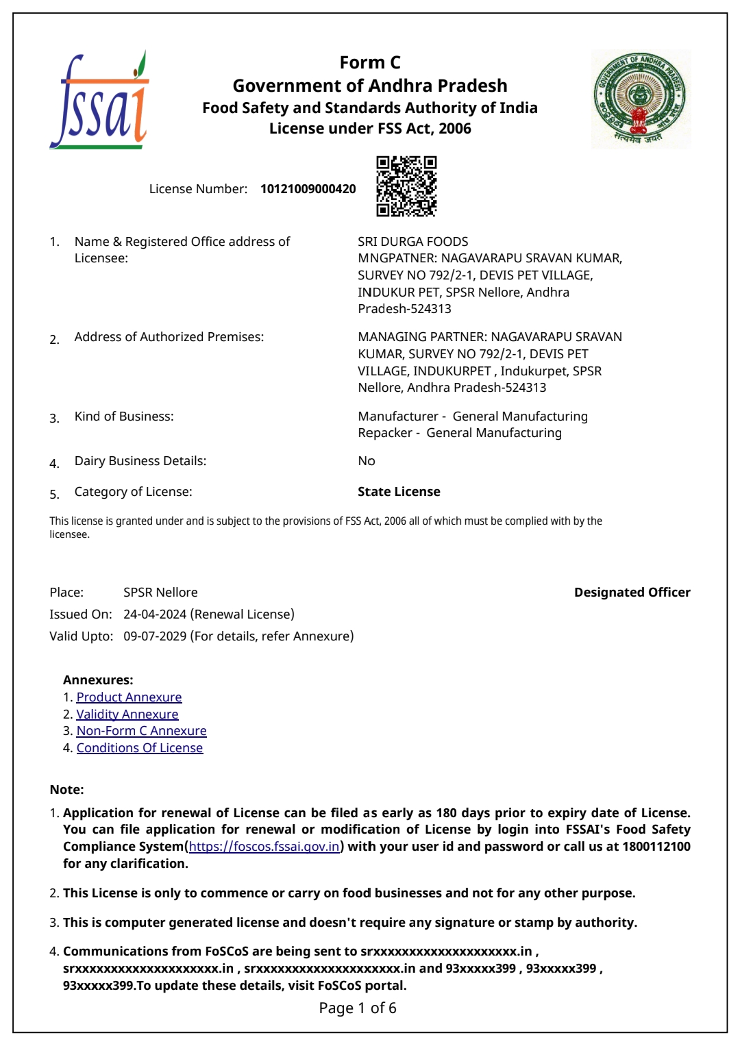 Sri Durga Foods FSSAI Licence — Form C, Government of Andhra Pradesh
