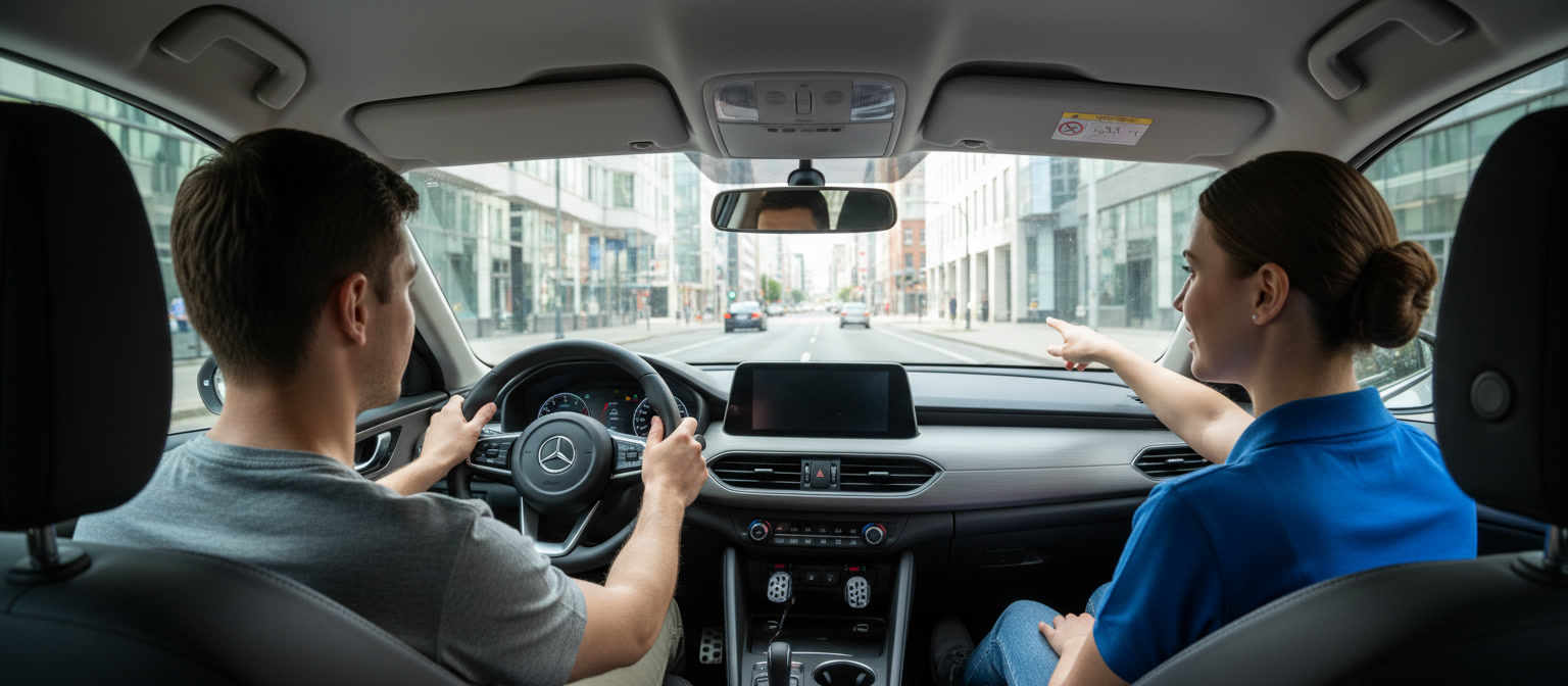 Professional driving instructor teaching student in car