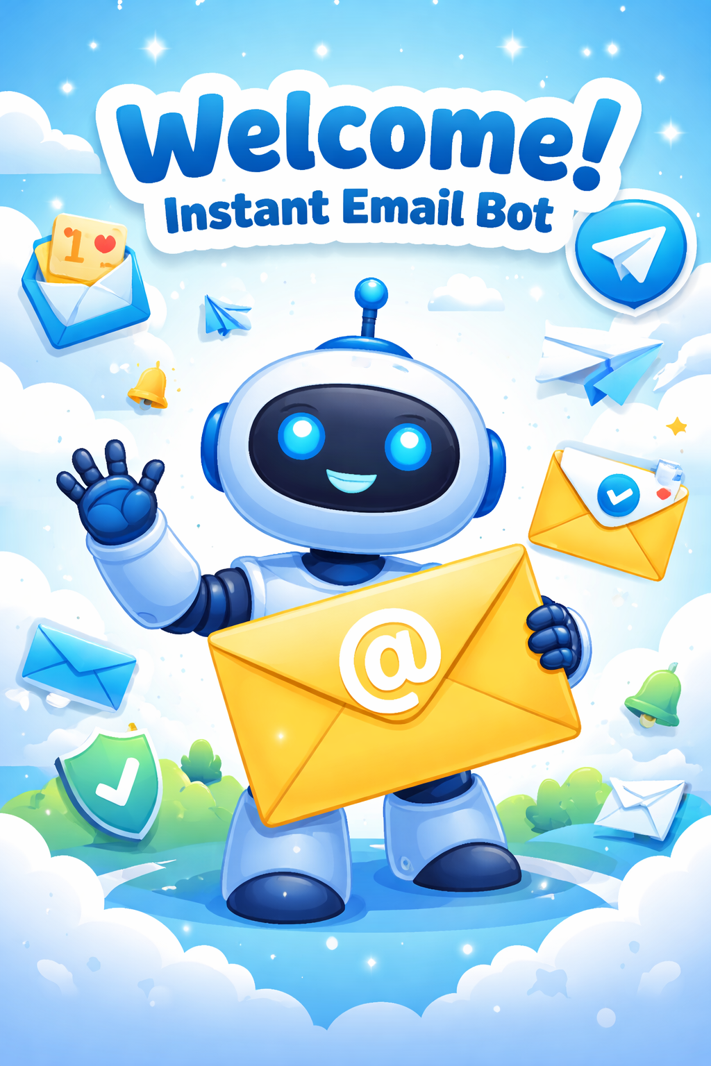 Instant Email Bot mascot — friendly robot holding an email envelope