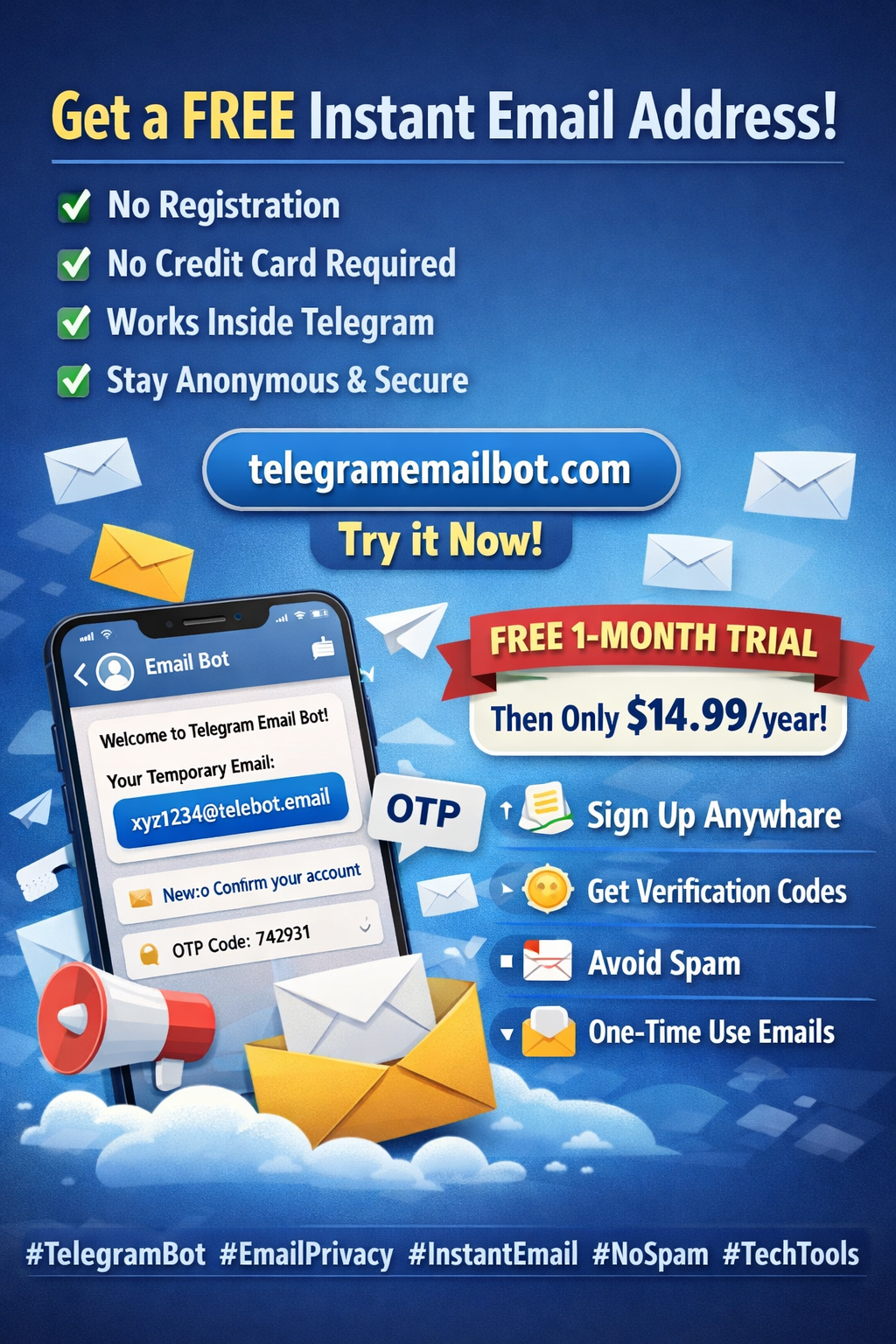 Get a FREE Instant Email Address — No registration, no credit card, works inside Telegram. Free 1-month trial then only $14.99/year.
