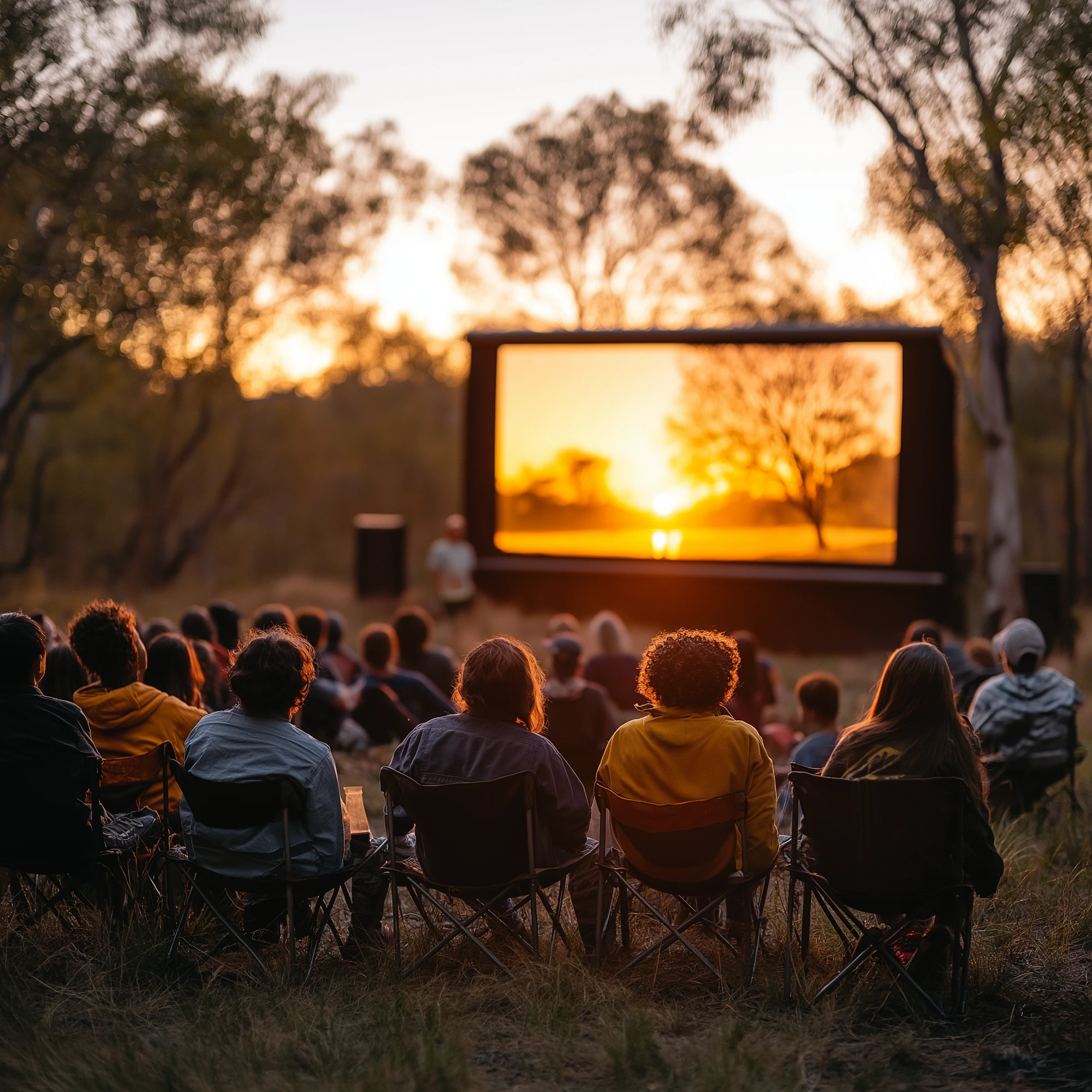 A community gathered on Country at sunset for an outdoor screening