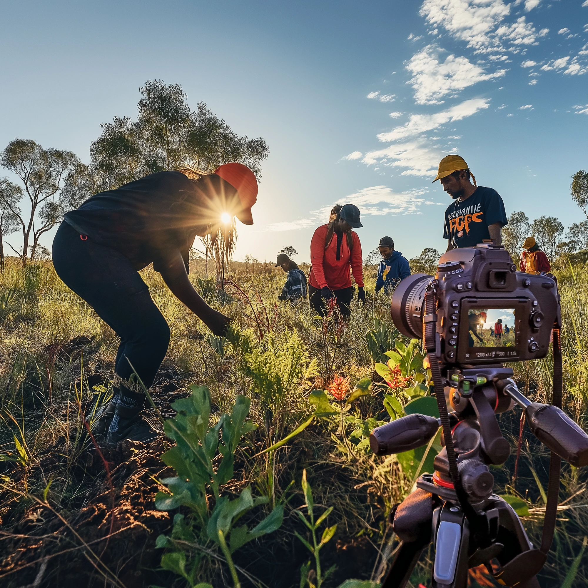 Community members documenting seed collection on Country at sunrise