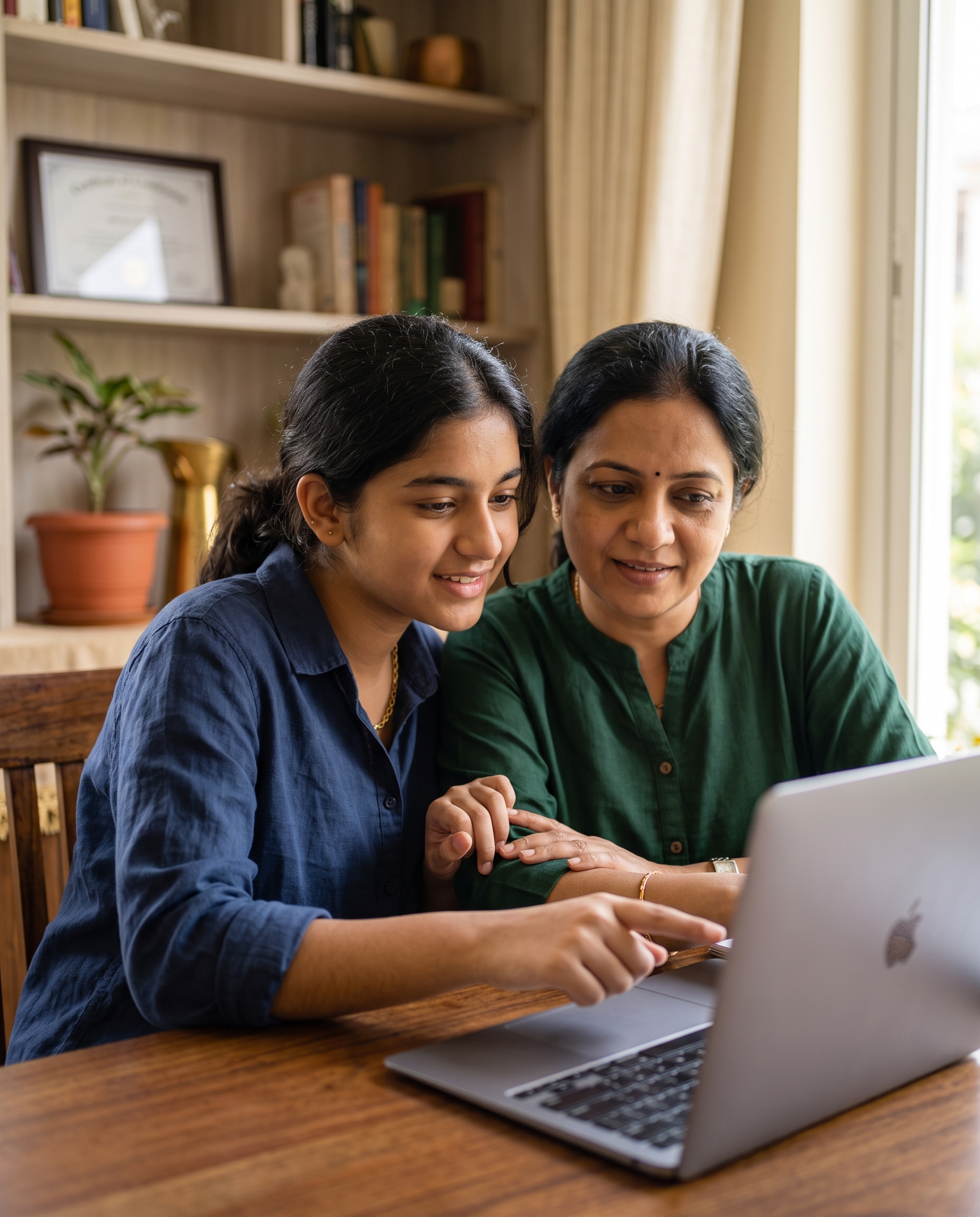 A parent and her teen reading the AcademiQ report together