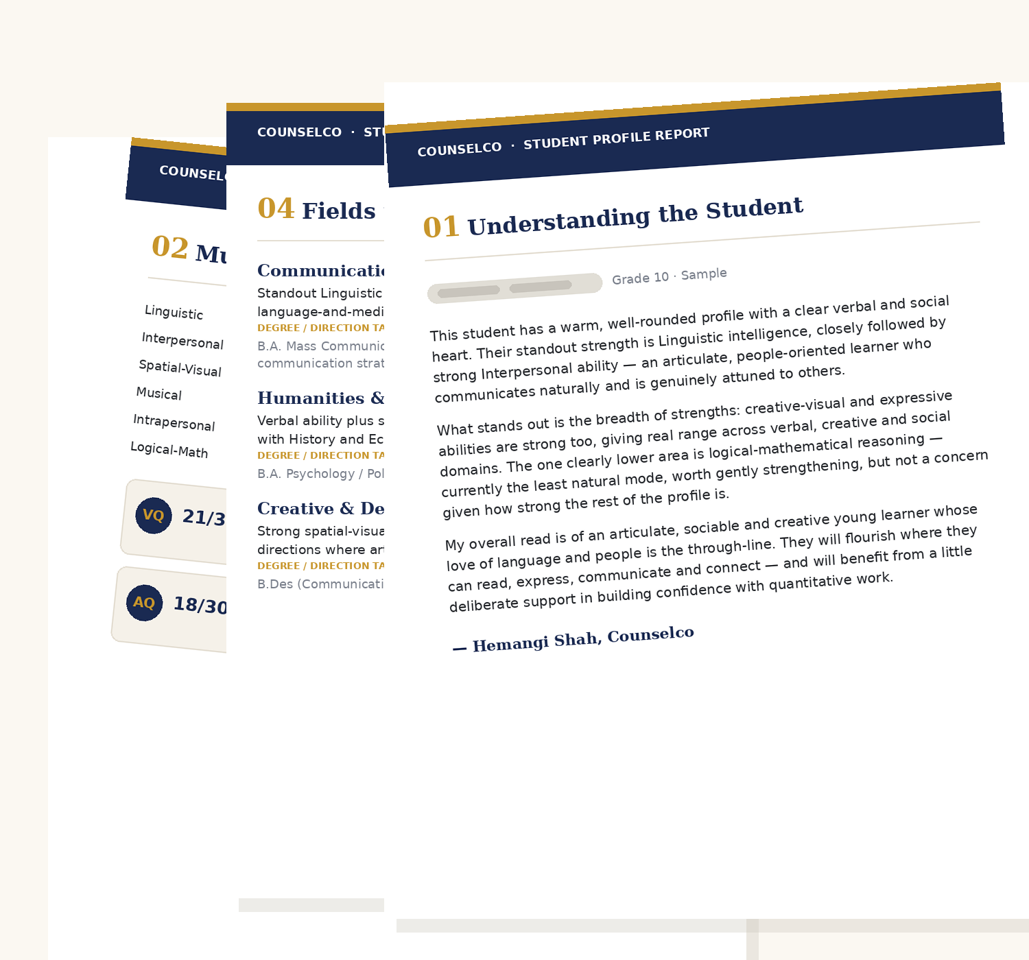 Sample AcademiQ report — Multiple Intelligences profile + Real World Quotient Test + counsellor's notes