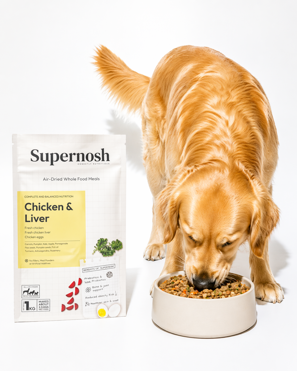 Supernosh Chicken & Liver Formula with golden retriever