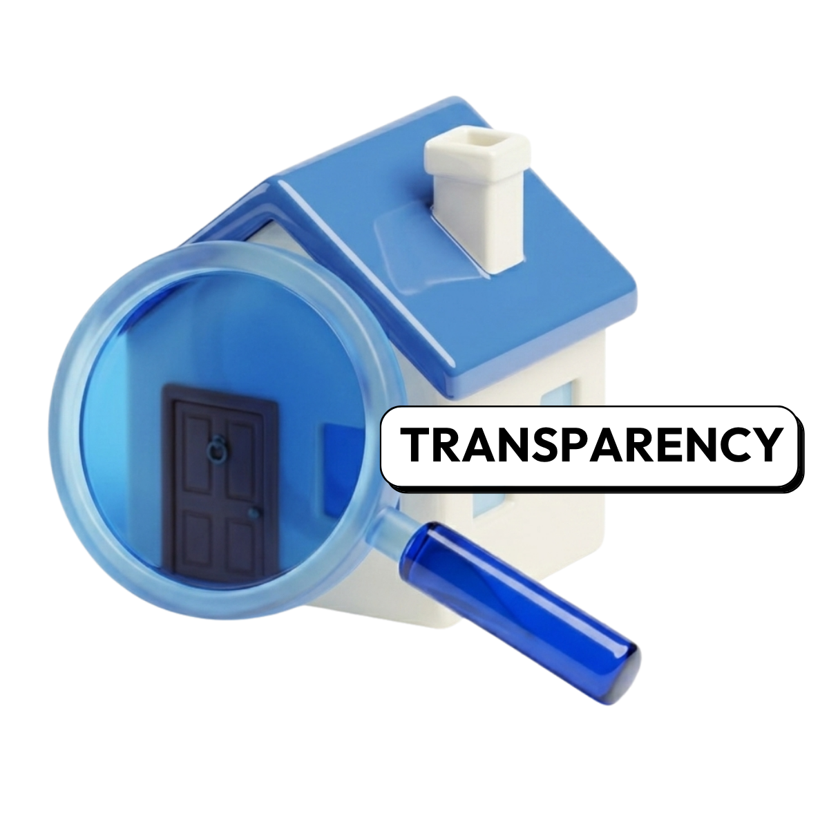 A 3D illustration of a blue and white house with a magnifying glass held up to the front door and a 'Transparency' label alongside.