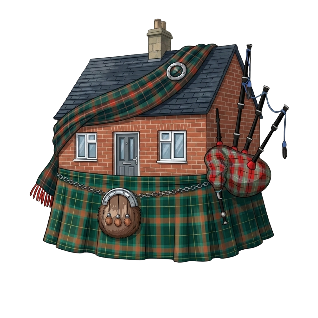 A traditional Scottish stone cottage wearing a tartan kilt and sash, with bagpipes resting alongside
