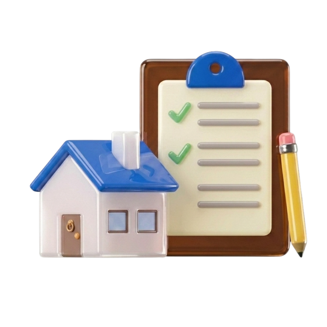 A 3D illustration of a small house standing next to a survey clipboard with green ticks and a pencil.