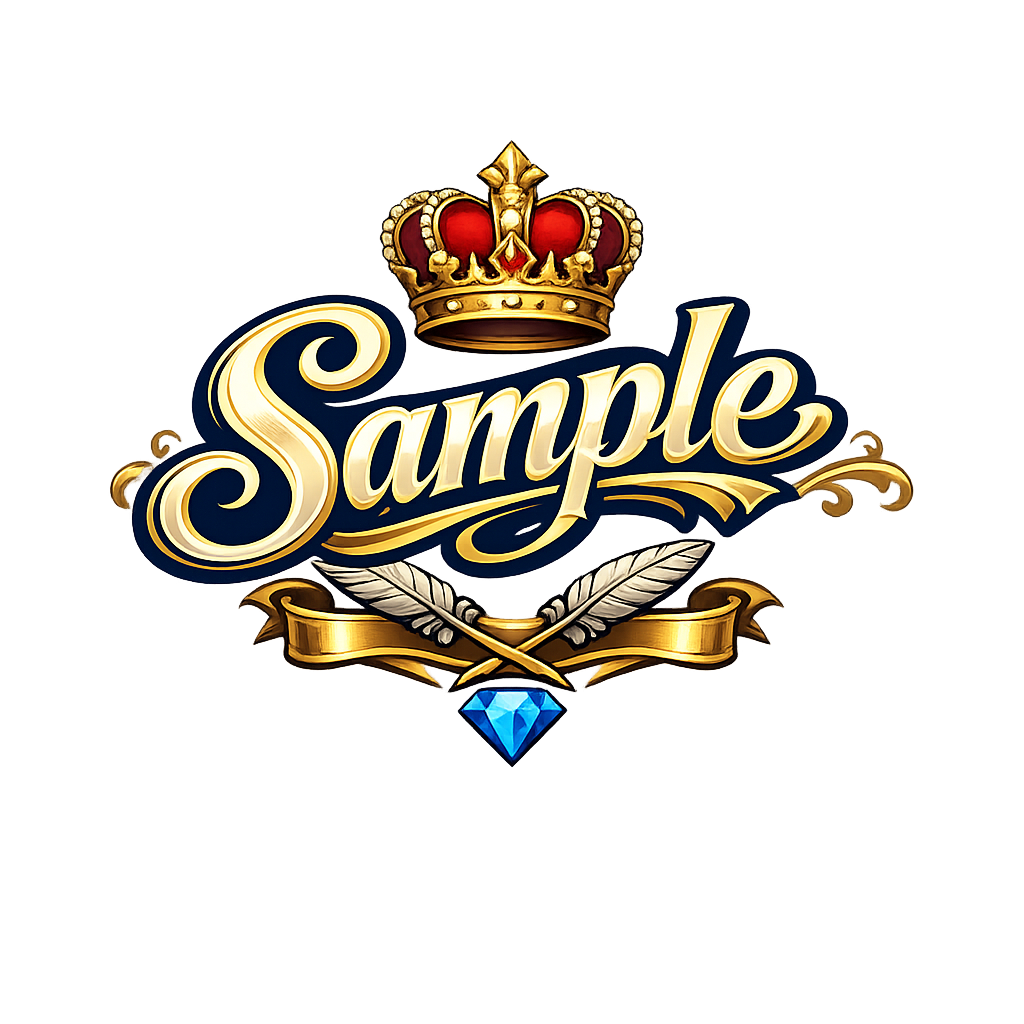 Highly detailed Sample crown logo with gradients, gold filigree, gems and ornate ribbons — too detailed for 15KB
