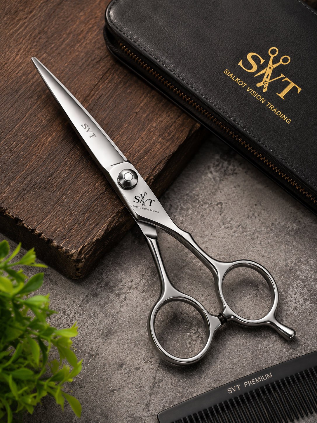 SVT Classic Silver premium barber scissors with branded leather case