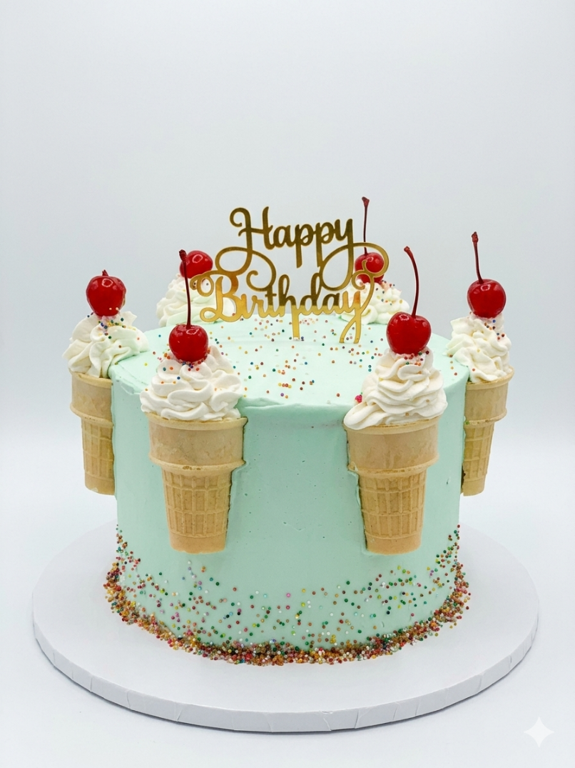 Mint buttercream birthday cake with ice cream cones, whipped cream and cherries, rainbow sprinkles