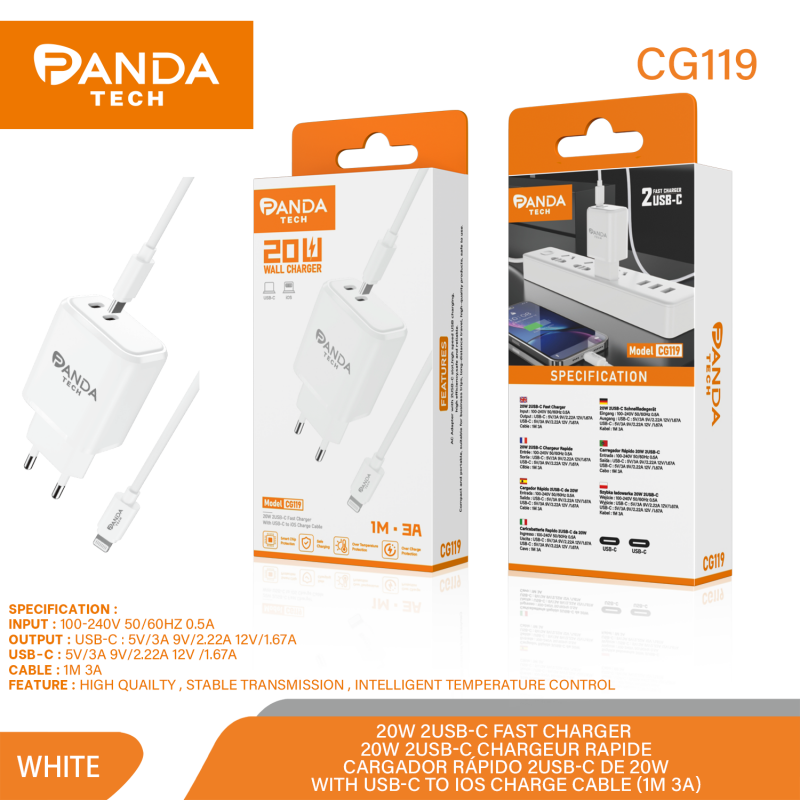 Panda Tech CG119 Cargador 2x USB-C 20W + Cable Lightning