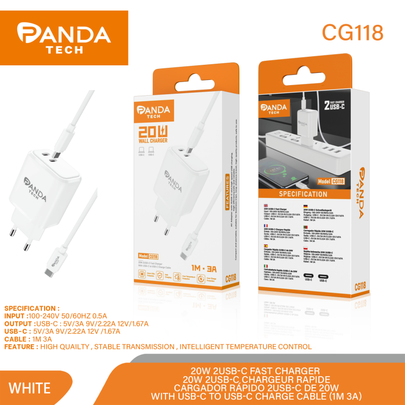 Panda Tech CG118 Cargador 2x USB-C 20W + Cable