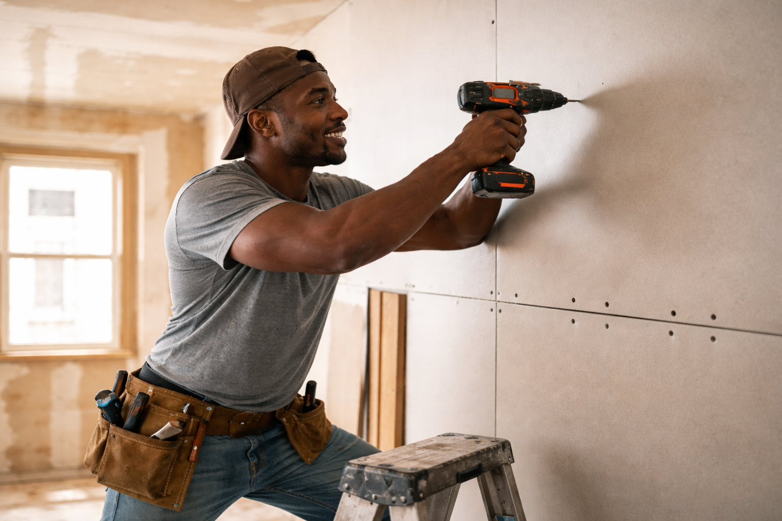 Professional Black handyman drilling and installing