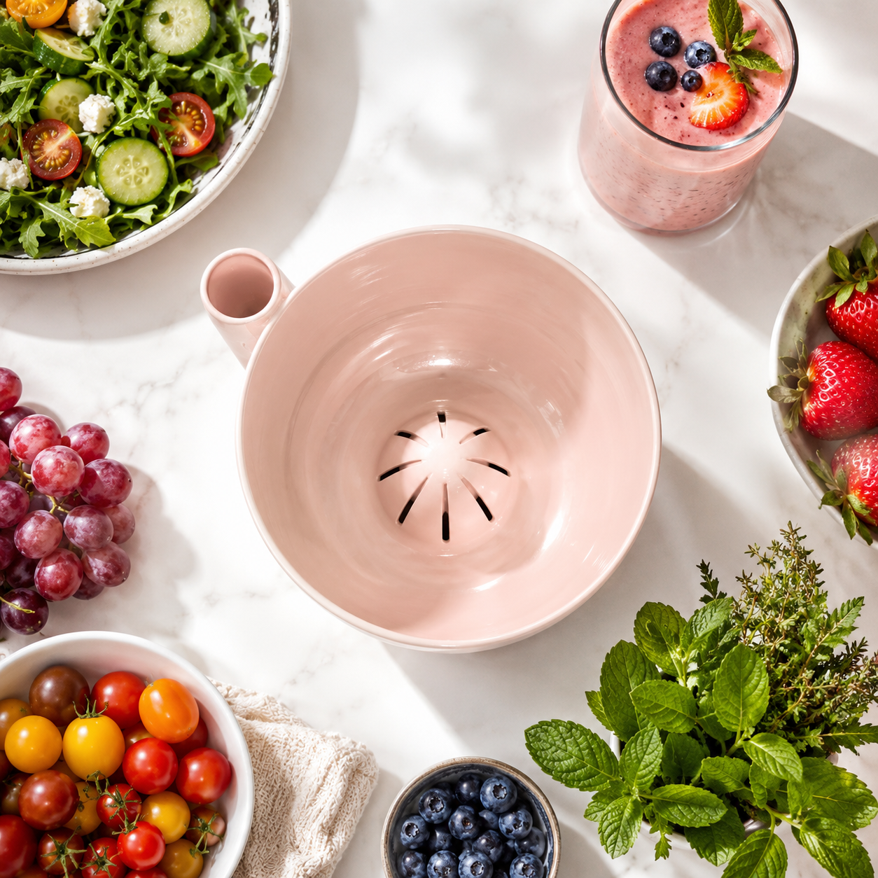 Vortex Berry Bowl surrounded by berries, salad, smoothie, herbs and tomatoes