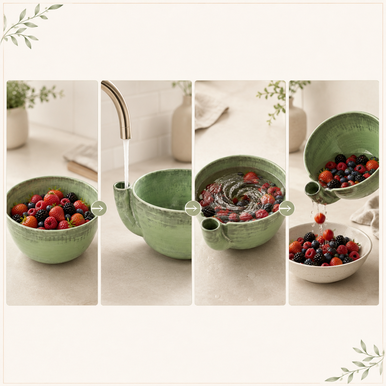 How the Vortex Berry Bowl works: fill with berries, pour water, watch the swirl, drain and serve
