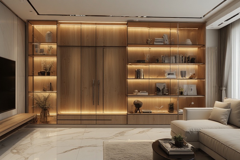 Elegant wooden living room interior