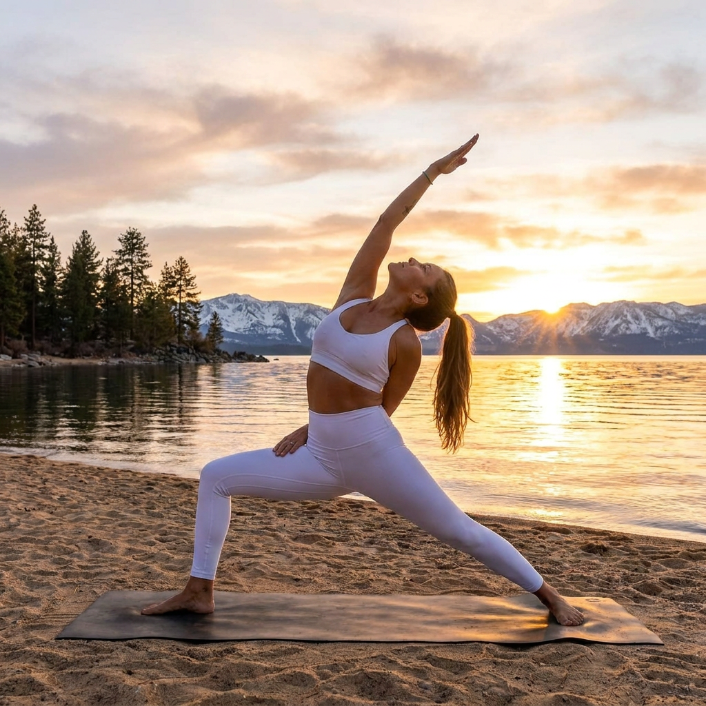 Whitney Jayne in reverse warrior at sunrise, Lake Tahoe