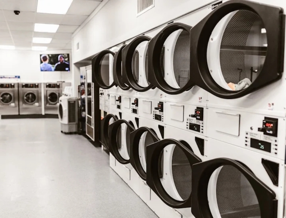 Modern coin-operated washing machines at Eastend Laundromat, Mt Vernon, OH