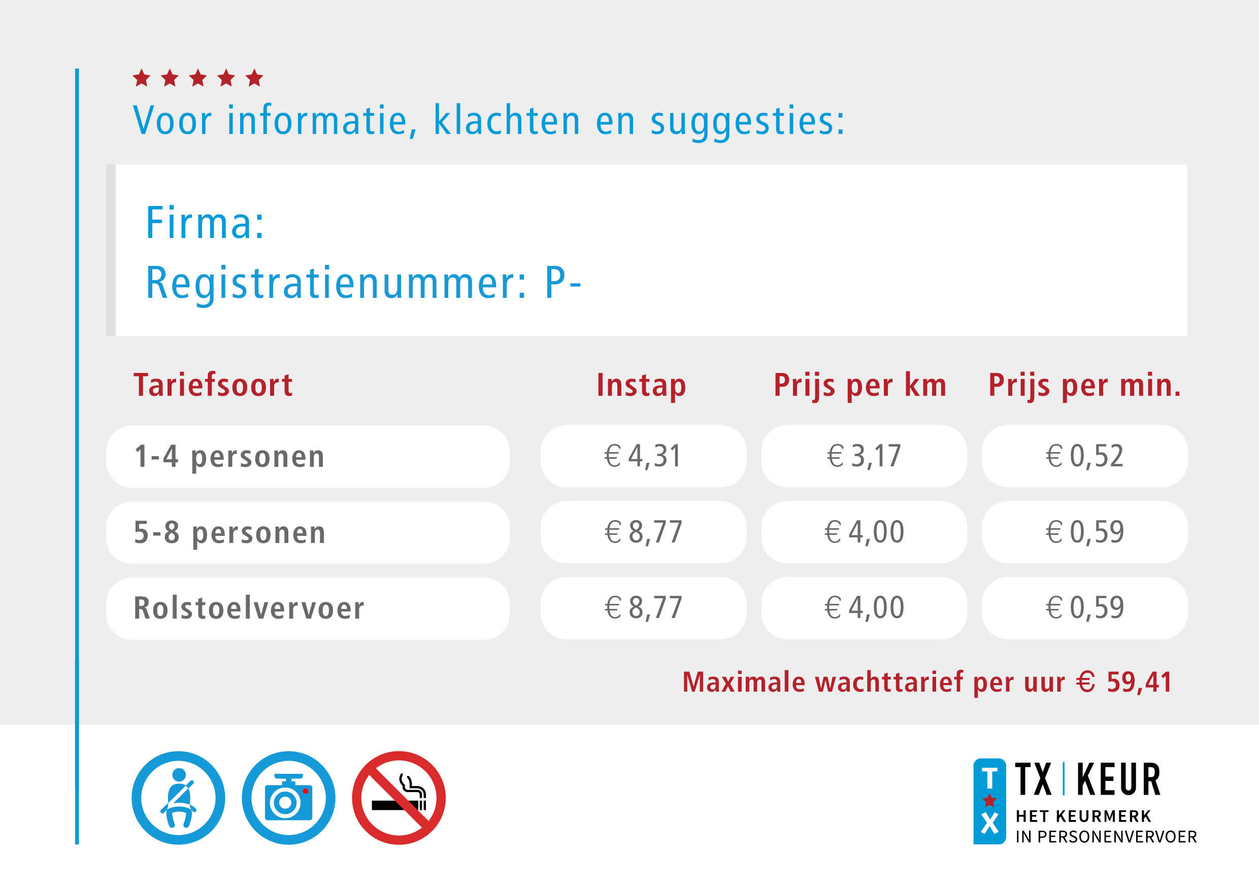 TX Keurmerk Tariefkaart - Officiële wettelijke maximum tarieven