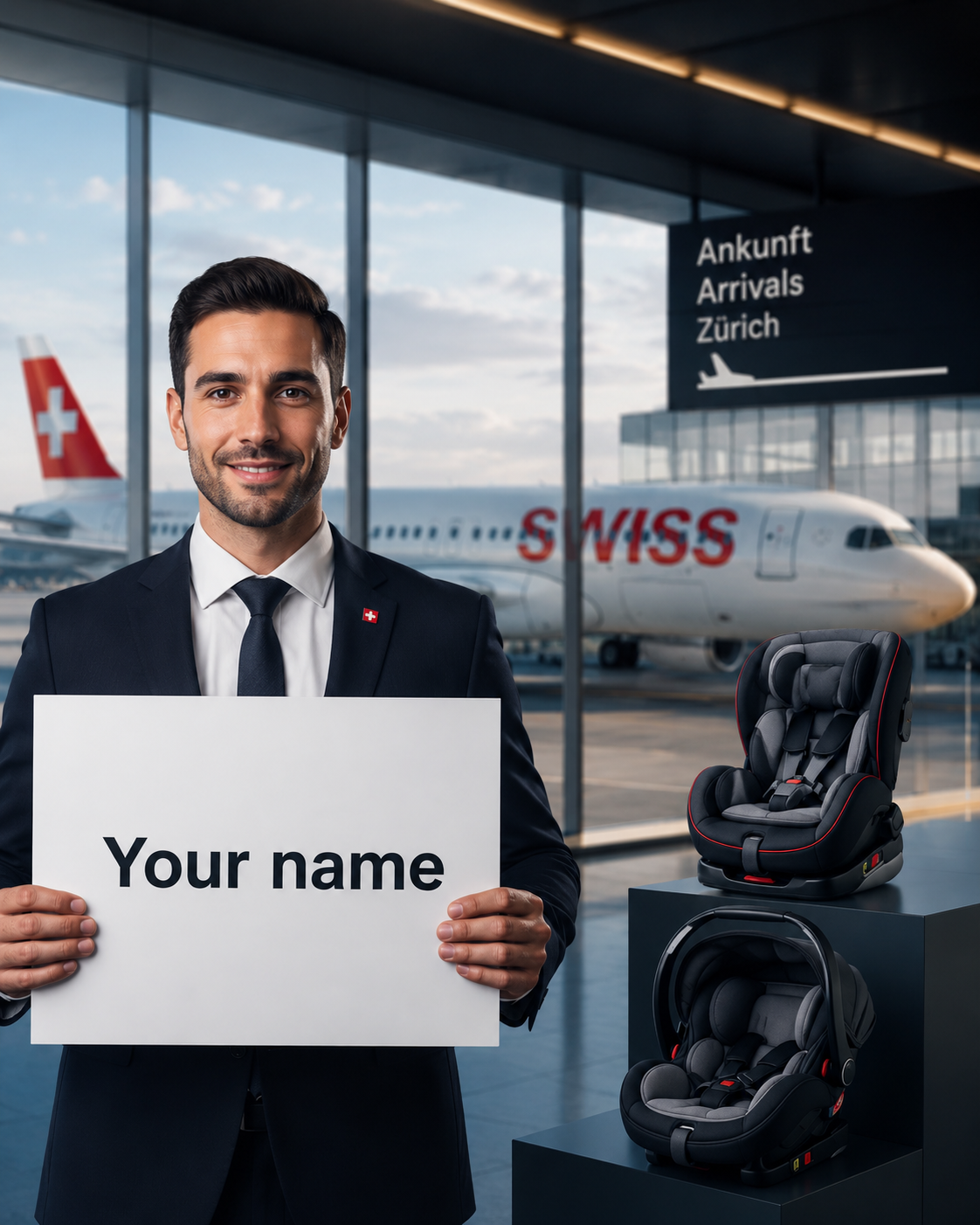 Flughafentransfer Zürich Chauffeur mit Namensschild am Flughafen Zürich