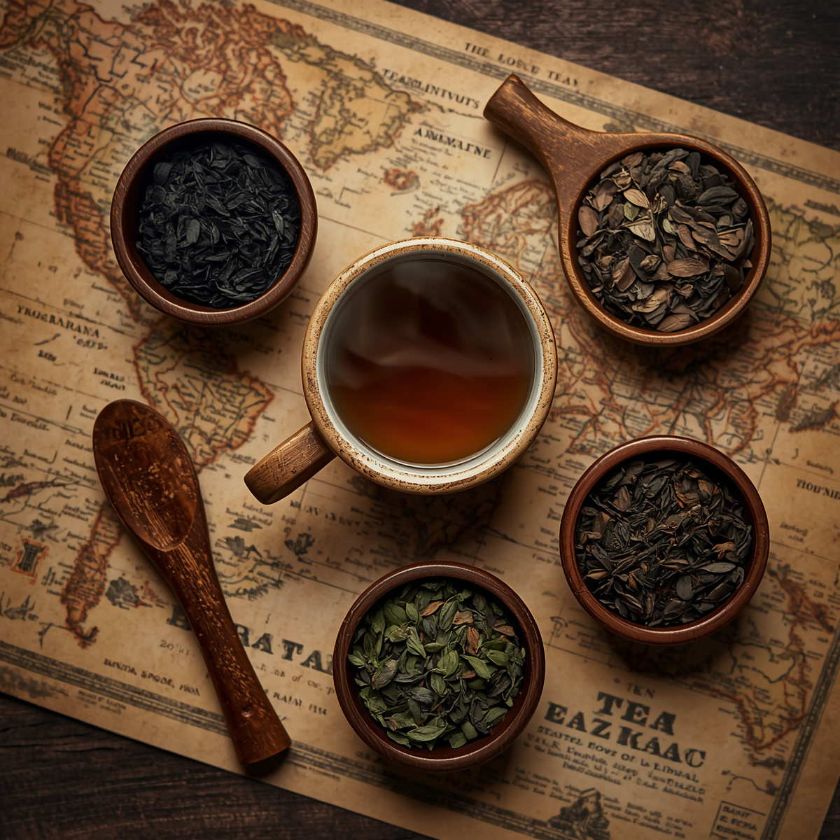 A cup of tea surrounded by small bowls of loose-leaf tea, resting on a vintage world map