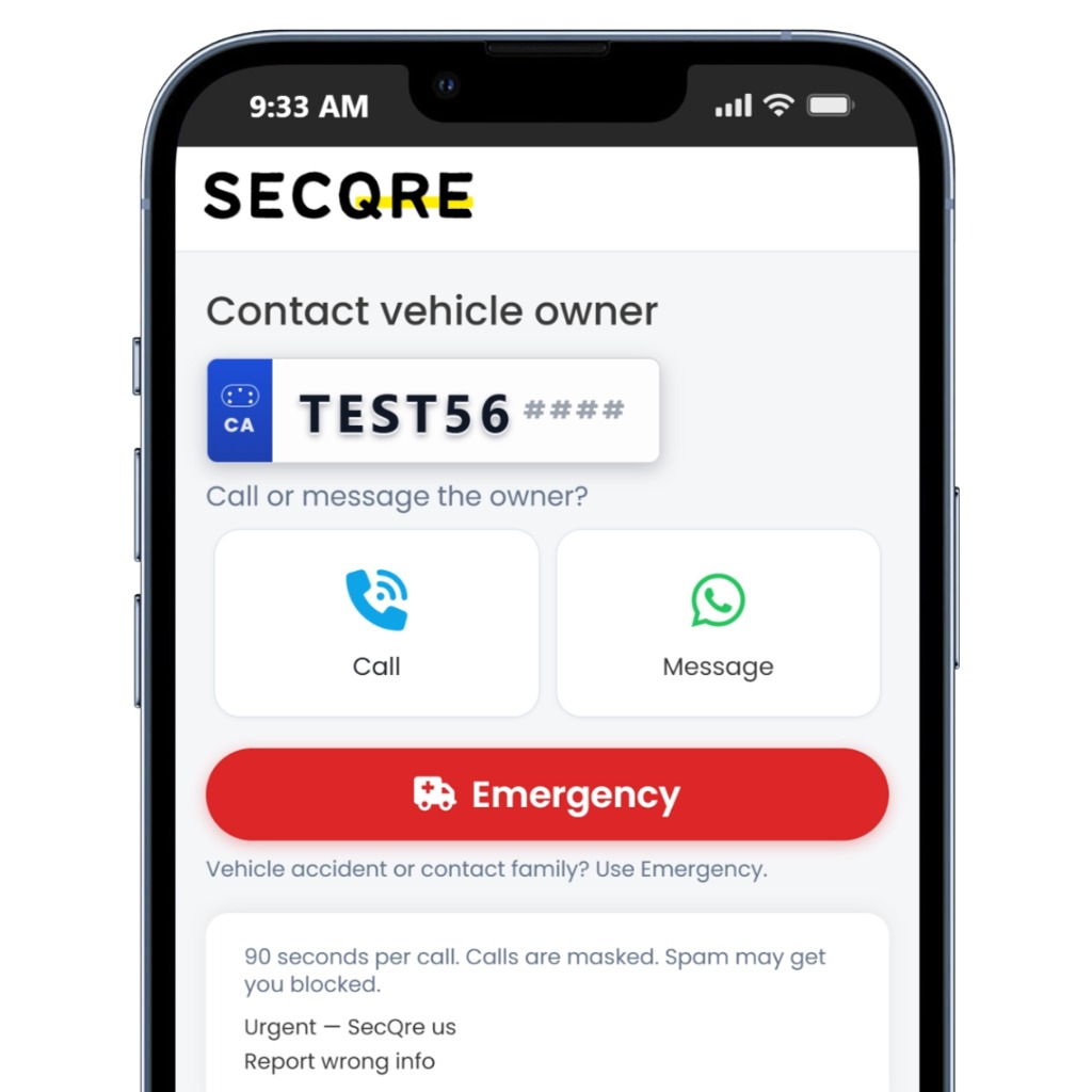 SECQRE windshield QR sticker — Scan the code to contact the vehicle owner