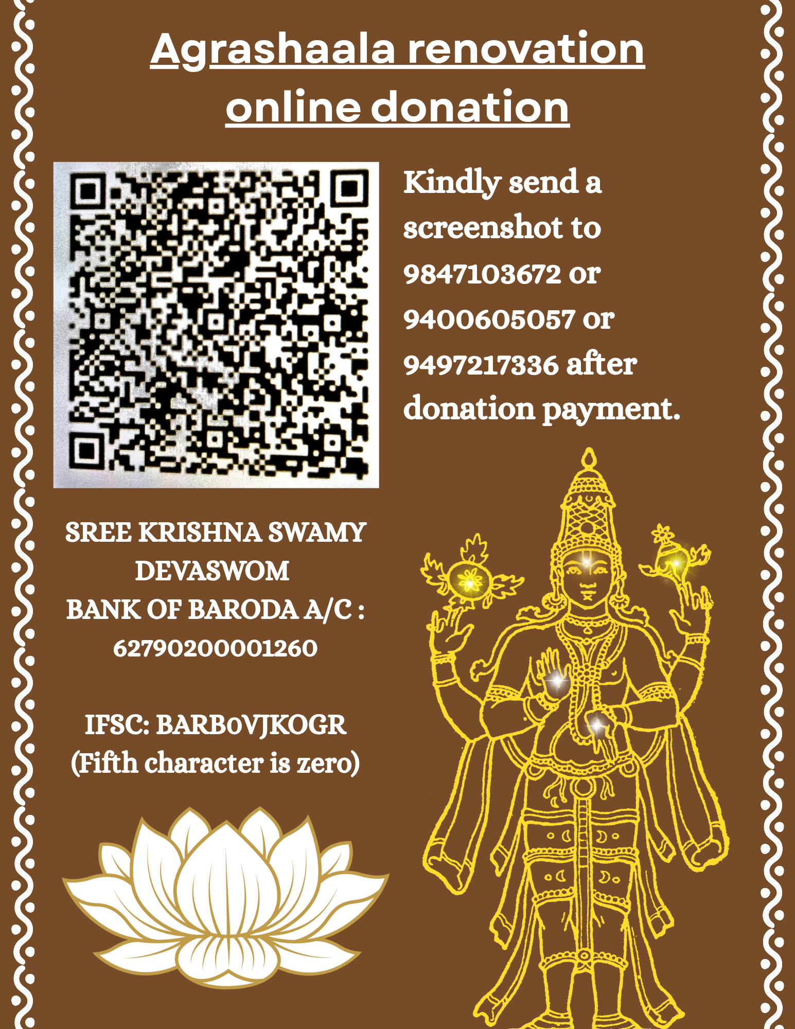 Agrashaala Renovation Sevas and Donation QR Code with Bank Details