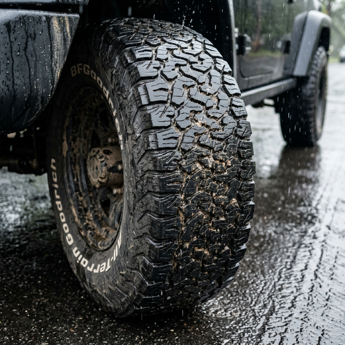 Rain on BFGoodrich tread — dramatic close-up