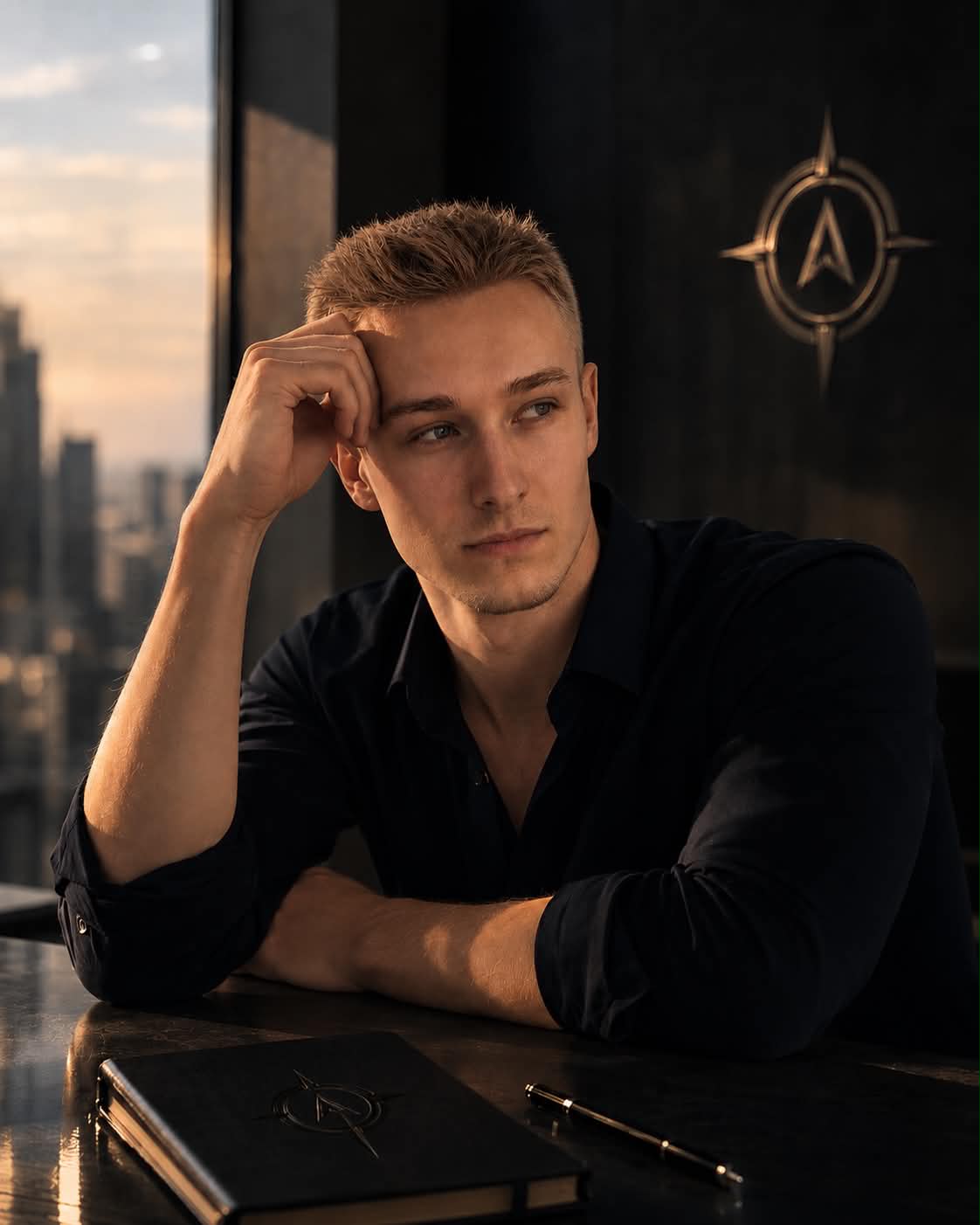 Quentin Young, seated in golden-hour light, hand near his temple in a thinking pose.