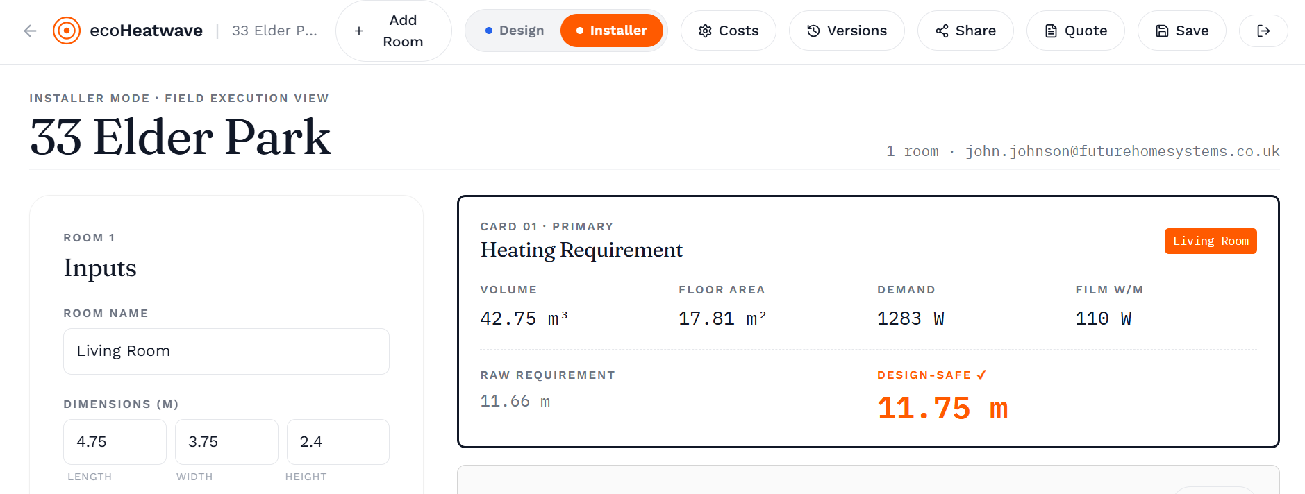 ecoHeatwave specification app — Installer Mode showing the Heating Requirement for the Living Room at 33 Elder Park: 42.75m³ volume, 17.81m² floor area, 1,283W demand, and a design-safe panel length of 11.75m.