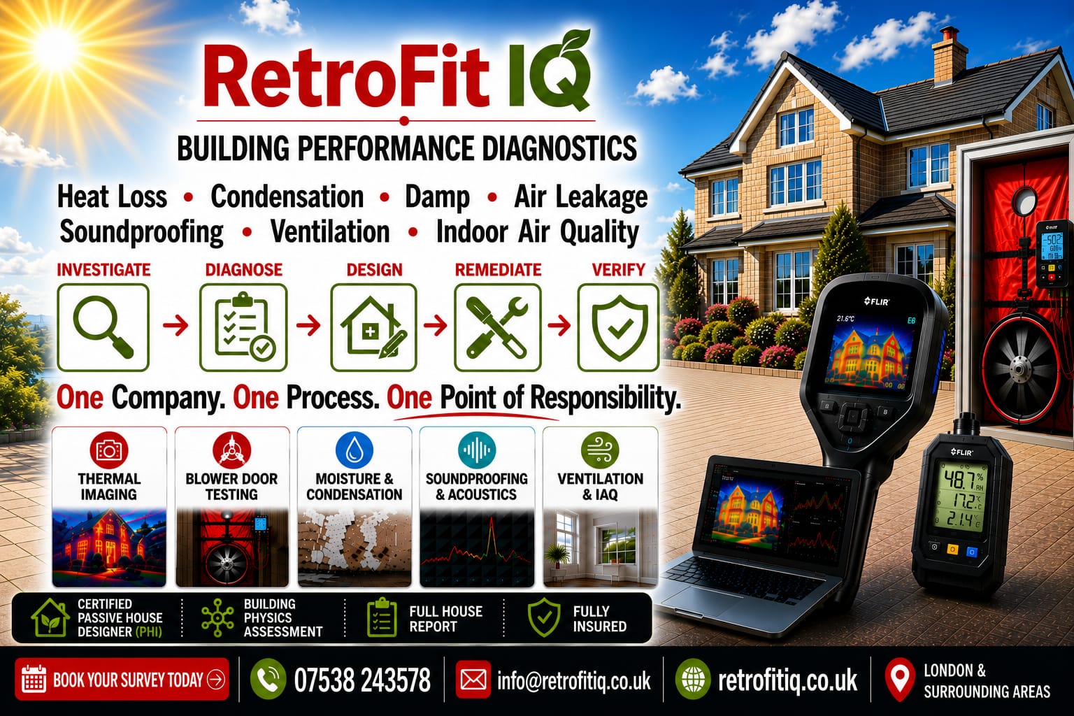 RetrofitIQ — Building Performance Diagnostics for Heat Loss, Condensation, Damp, Air Leakage, Soundproofing, Ventilation and Indoor Air Quality. One Company. One Process. One Point of Responsibility.