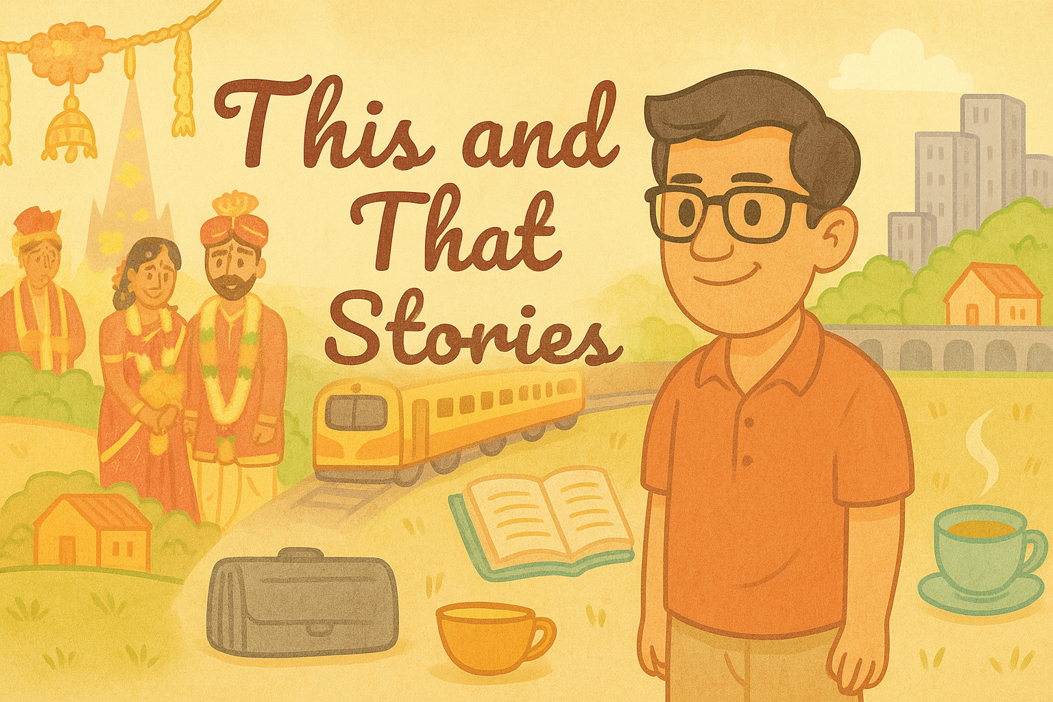 This and That Stories - Indian inspired illustration with traditional couple, train, coffee cups, and the author