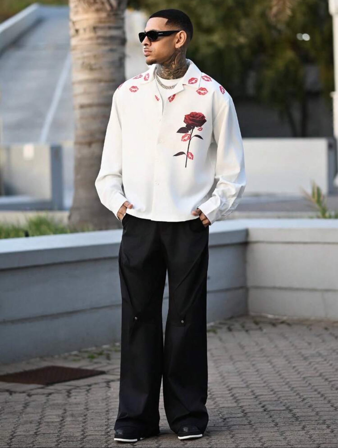 Signature Rose Shirt & Wide-Leg Trousers