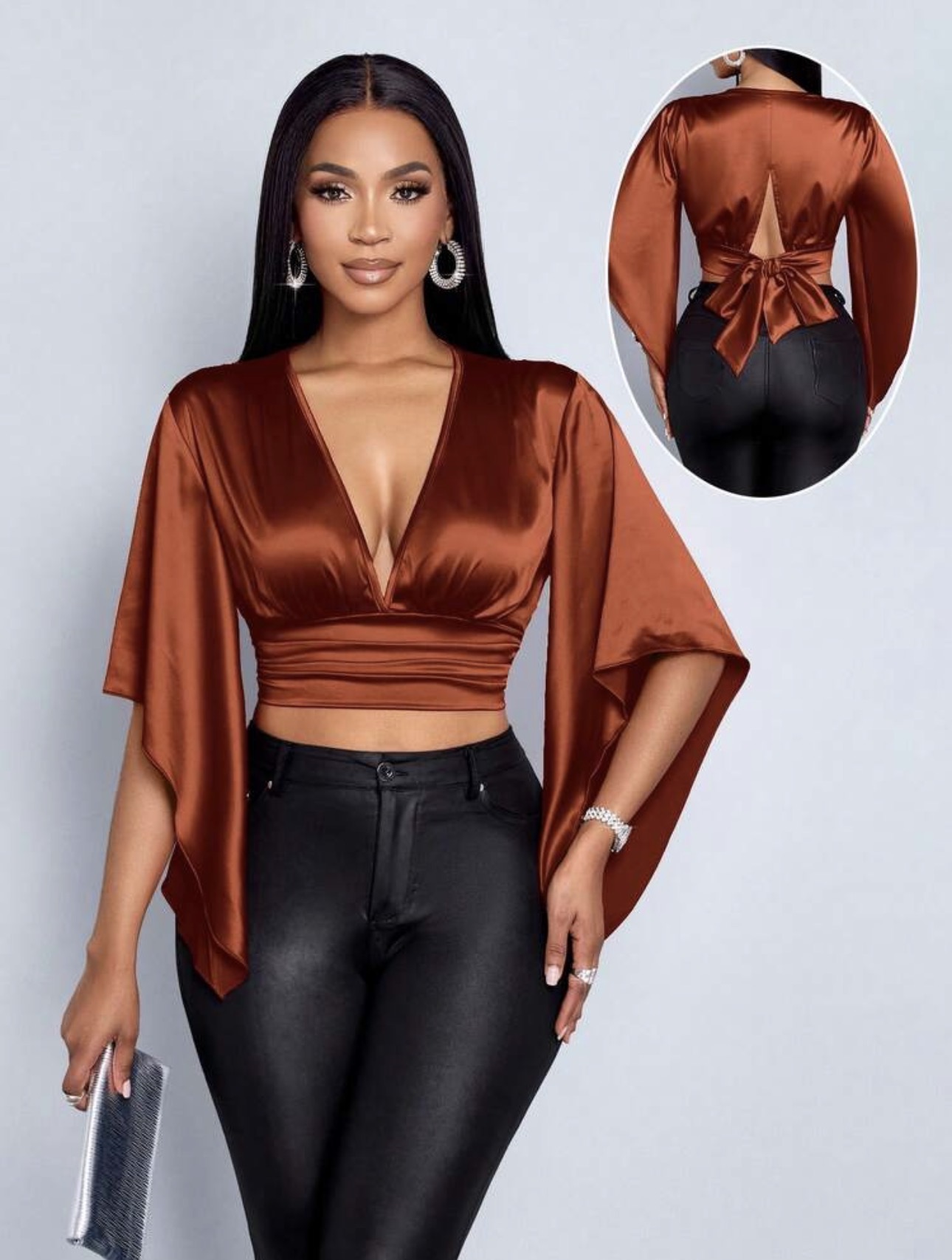 Copper Satin Flutter-Sleeve Crop