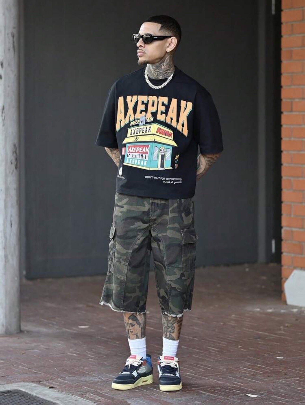 Distressed Cargo Shorts & Statement Tee