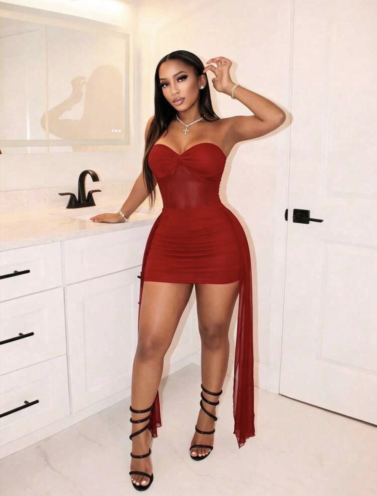 Burgundy Sheer Mesh Strapless Mini