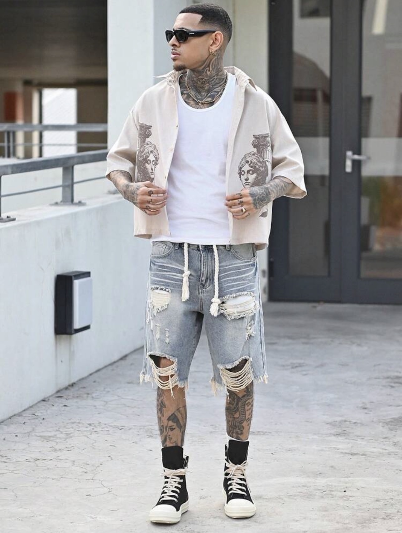Distressed Drawstring Denim & Camp Shirt