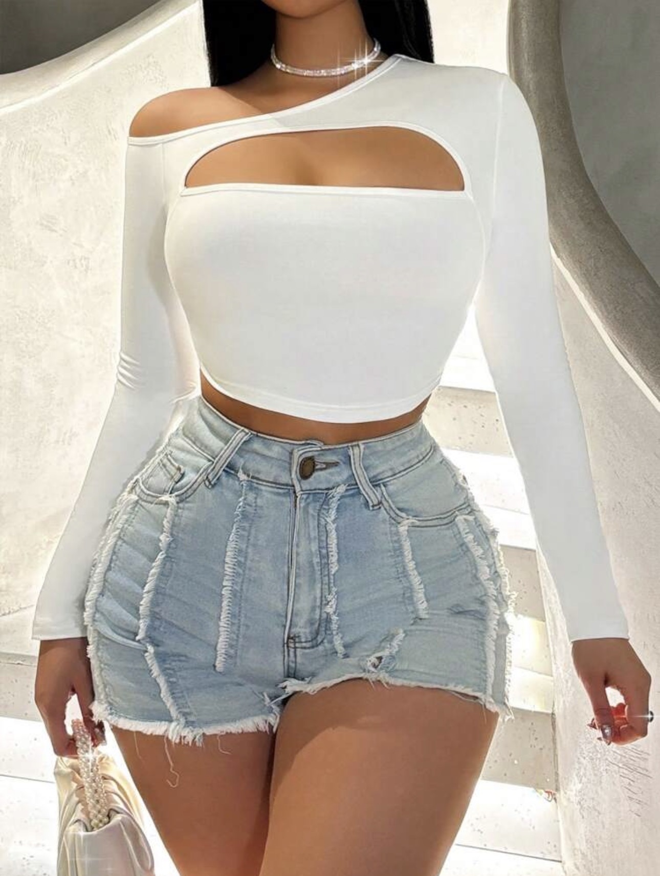Ivory Asymmetric Cutout Long Sleeve
