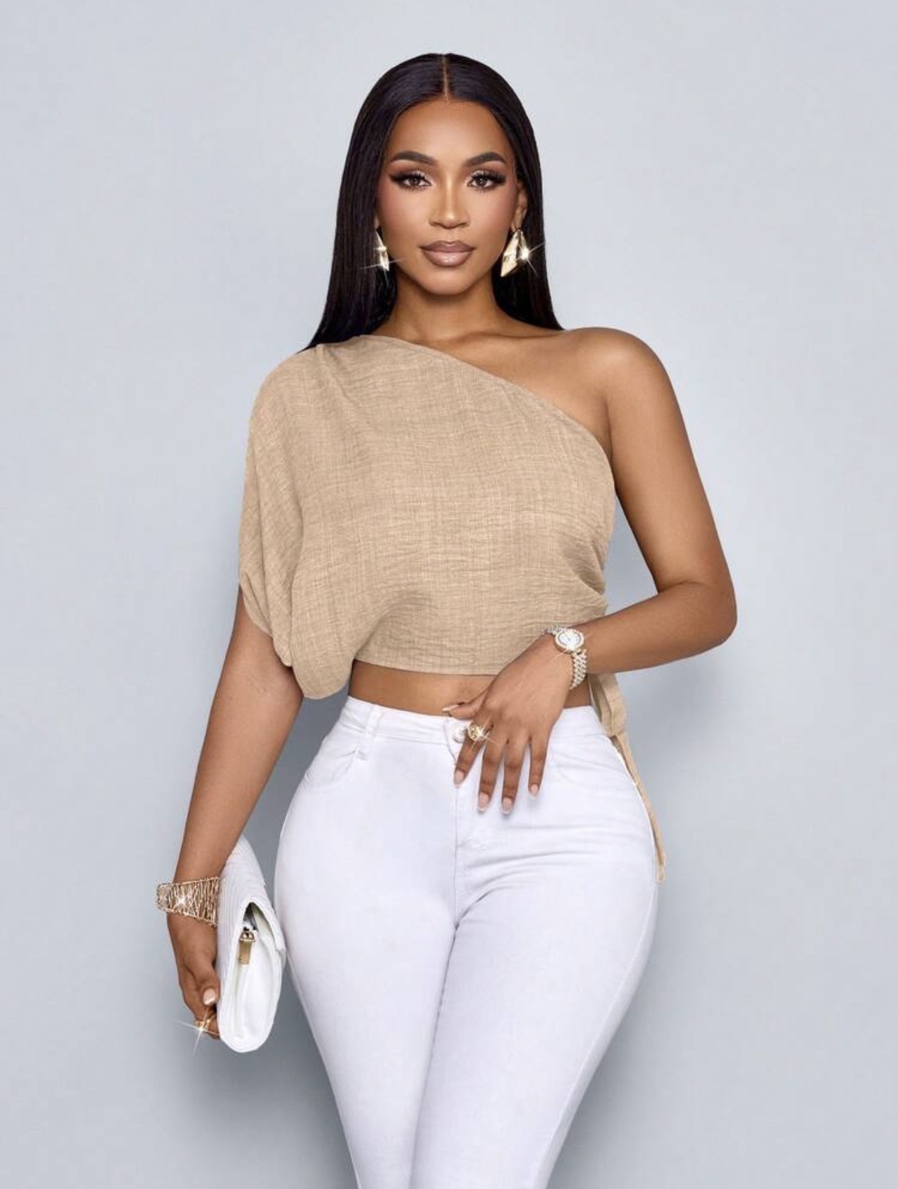 Sand Linen One-Shoulder Crop