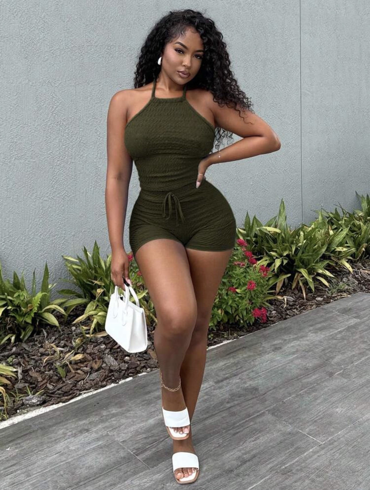 Olive Ribbed Halter Set