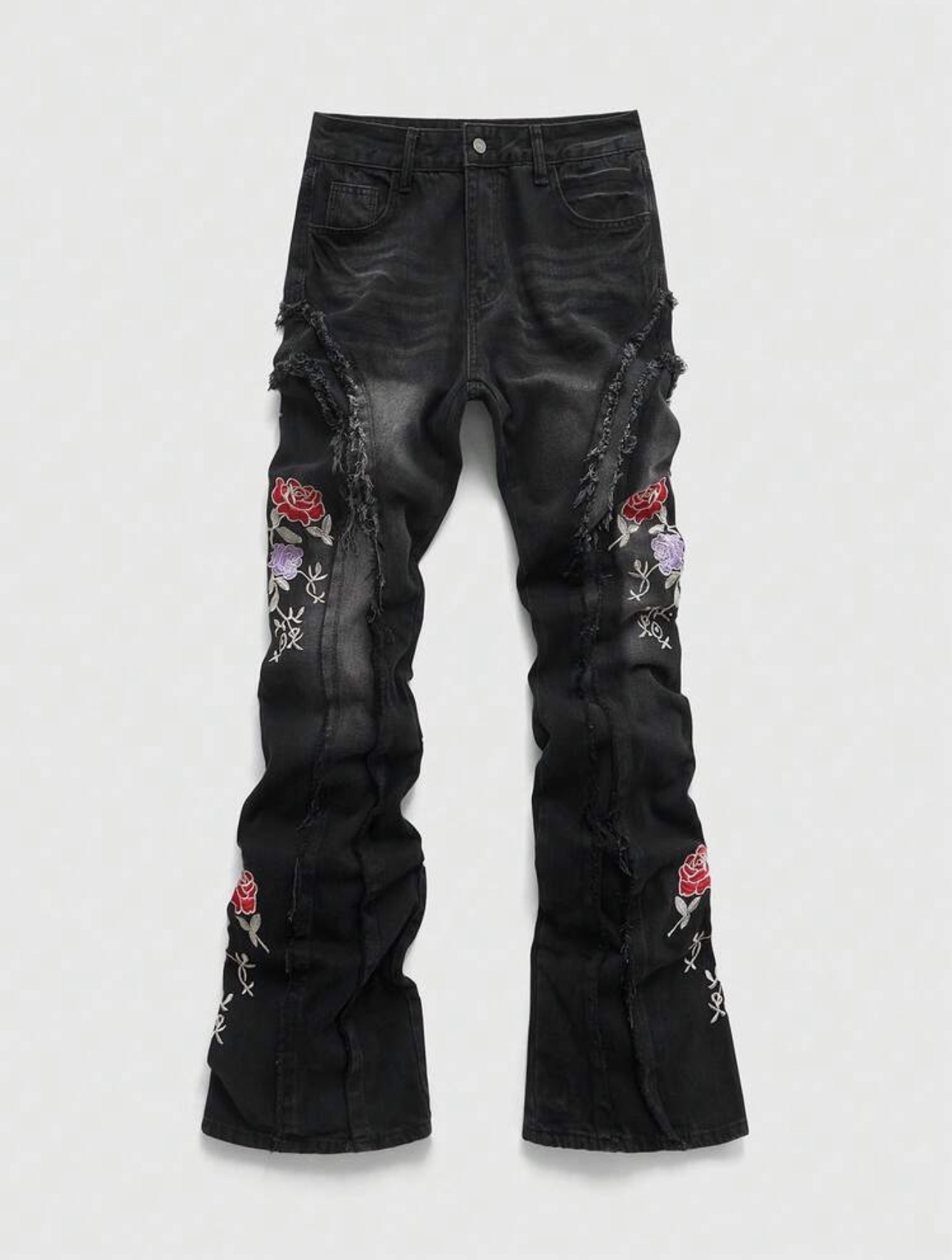 Rose Embroidered Frayed Seam Flare