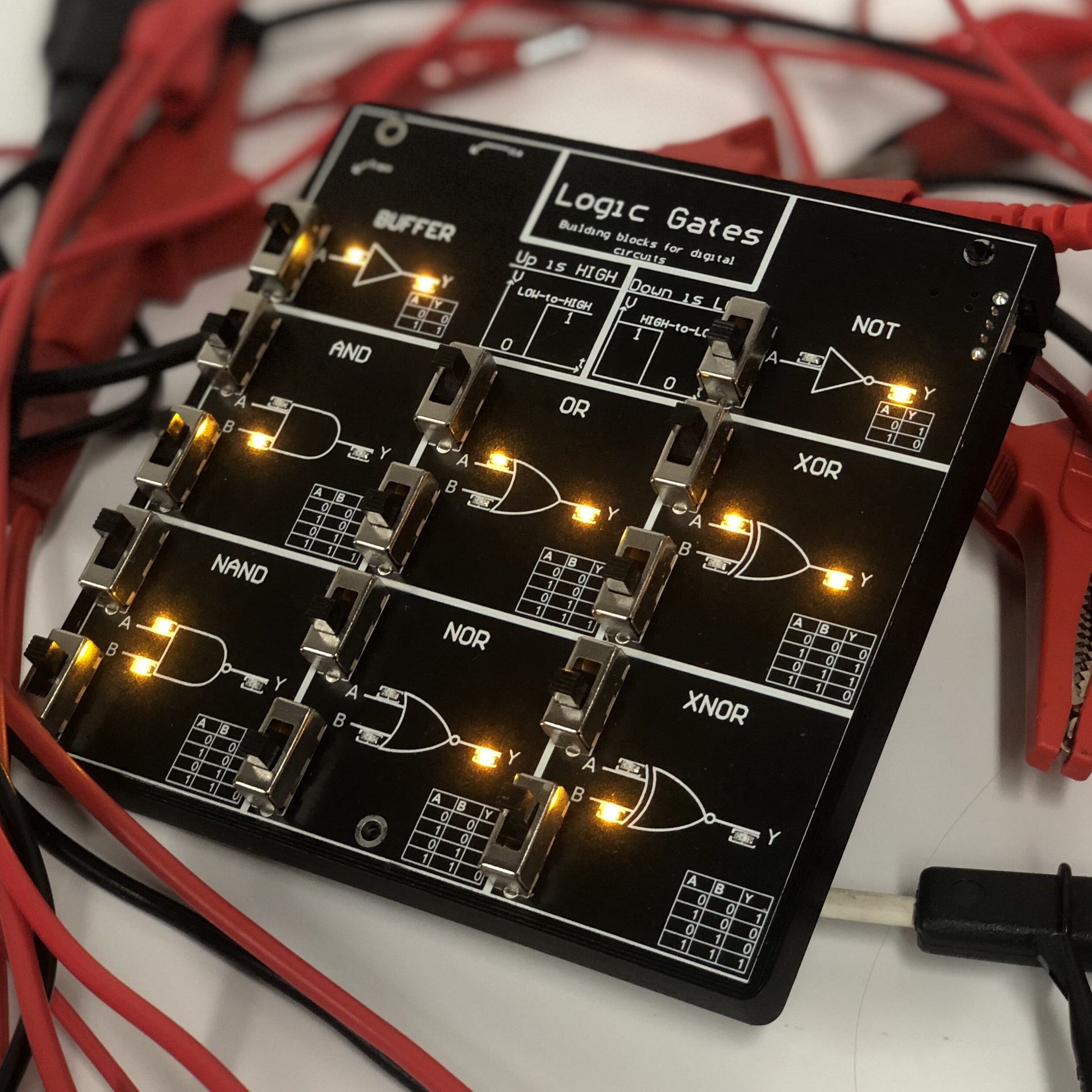 Logic Gates Board with LED indicators and labeled switches
