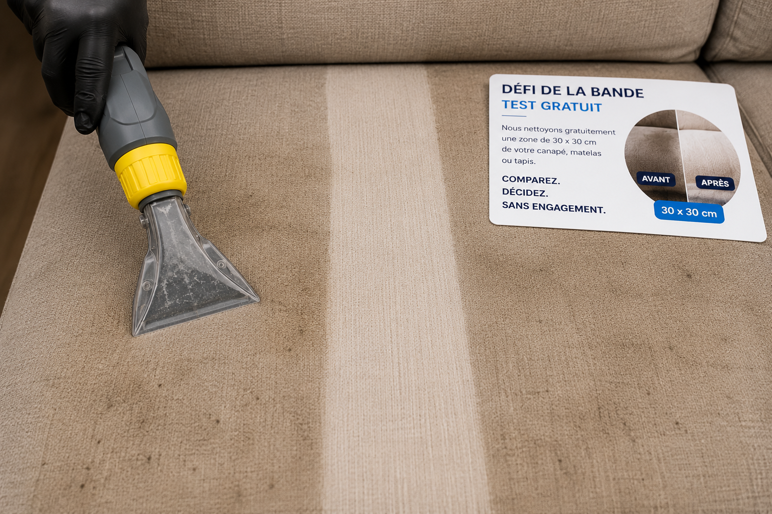 Le Défi de la Bande — bande propre de 30 × 30 cm sur canapé