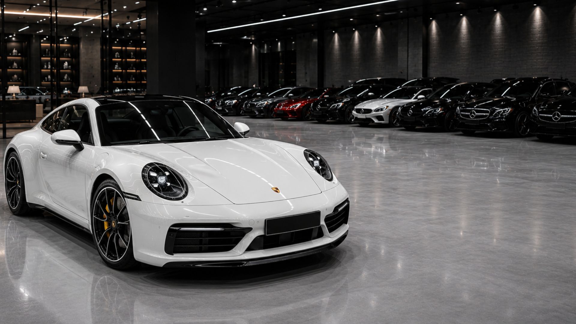 White Porsche 911 in showroom