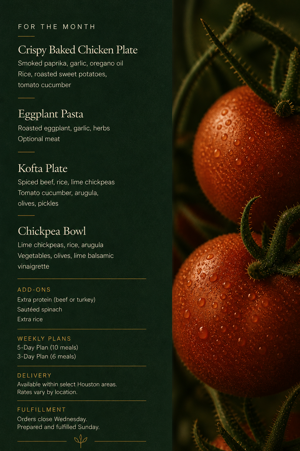 Whole Kitchen Prep — printed menu for the month