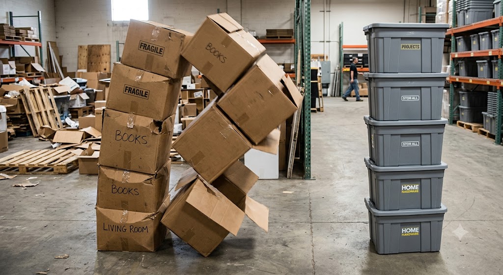 Cardboard boxes toppling next to a neat stack of ToteHaul reusable moving totes in a warehouse