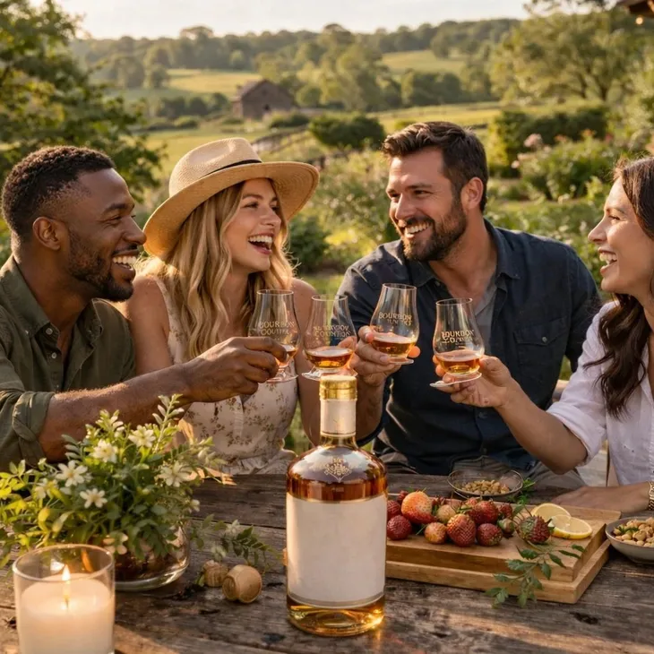 Friends toasting glasses of bourbon at a rustic table in Kentucky bourbon country