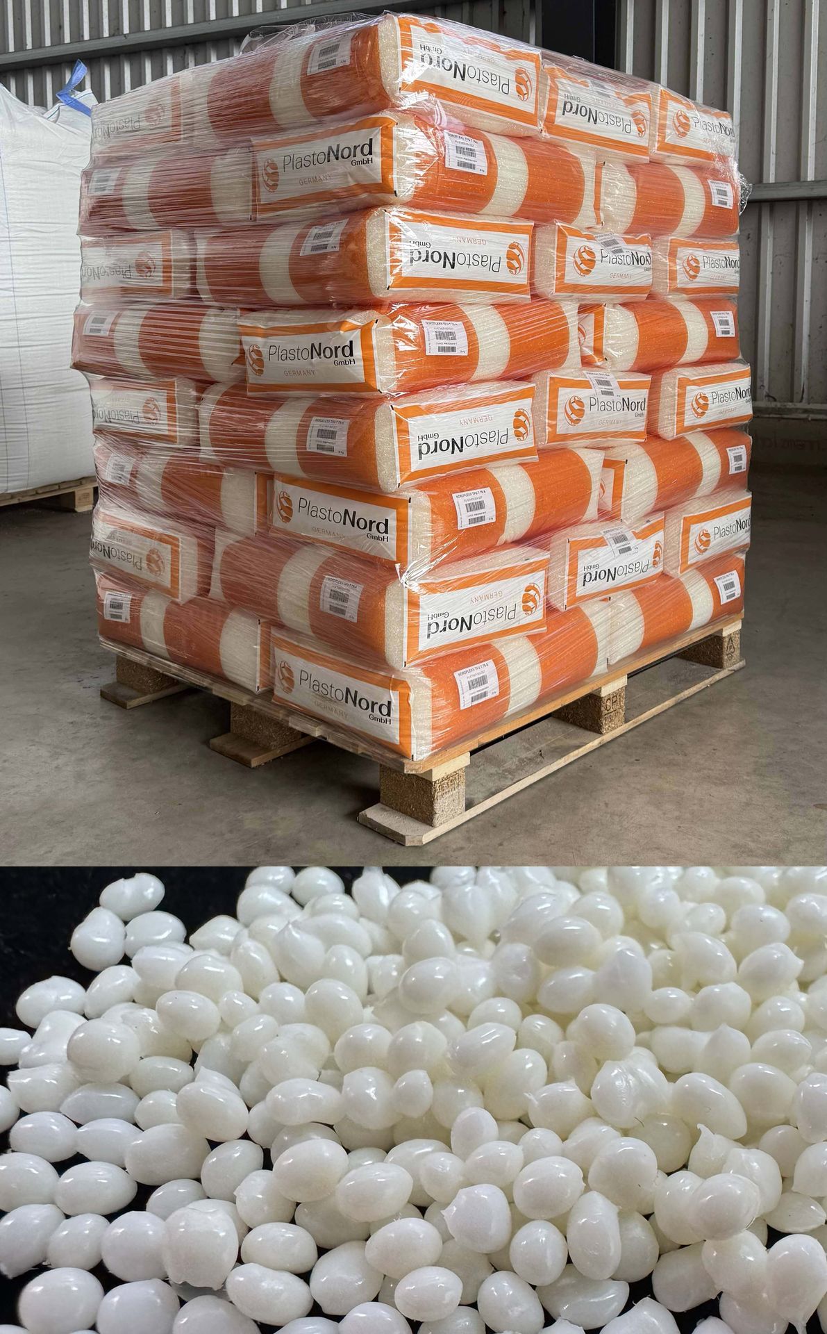 PlastoNord TPU granules palletised in the warehouse