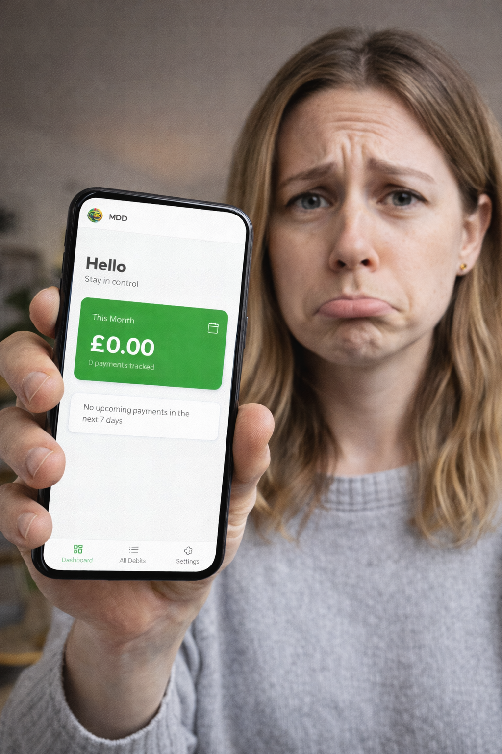 No warning — sad face with empty MDD dashboard showing £0.00